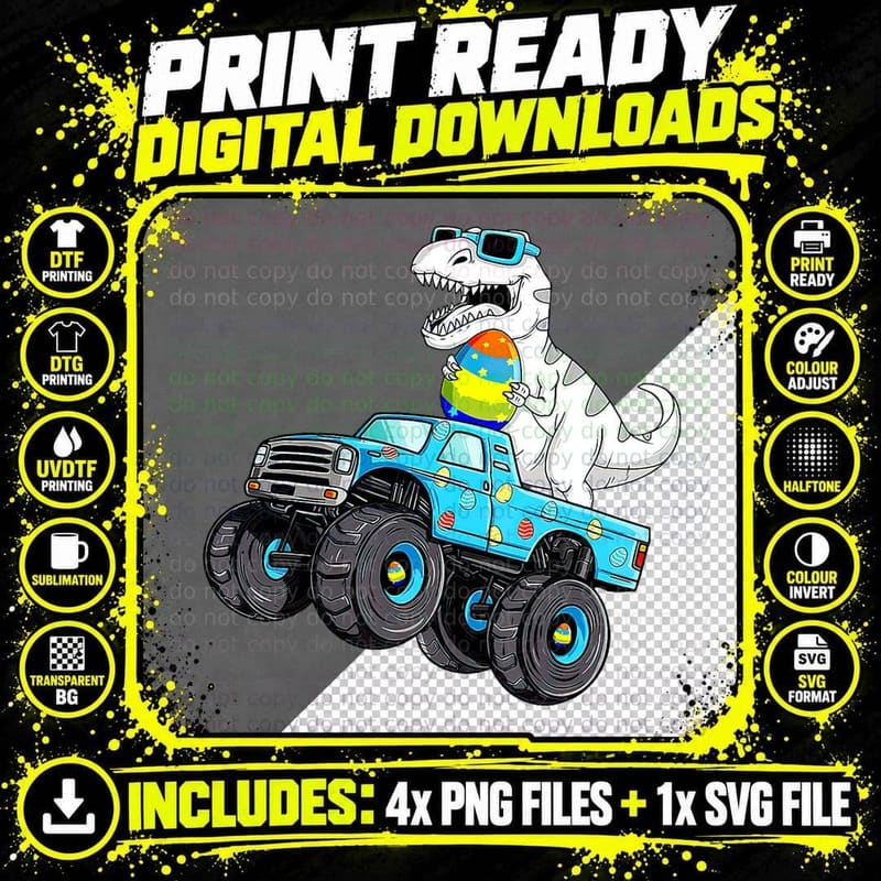 Happy Easter Dinosaur Riding Monster Truck T Rex Boys Png SVG Digital Bundle