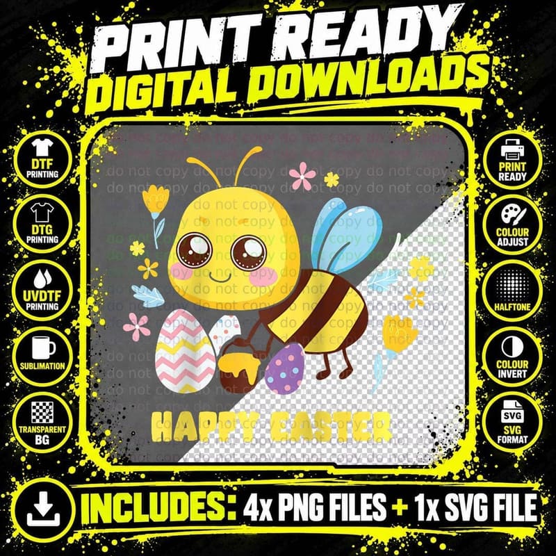 Happy Easter Eggs Flowers Bee Honey Egg Hunt Png SVG Digital Bundle