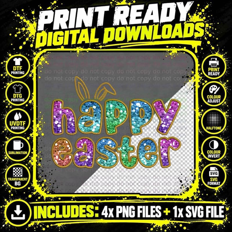 Happy Easter Glitter Letters Bunny Ears Png SVG Digital Bundle