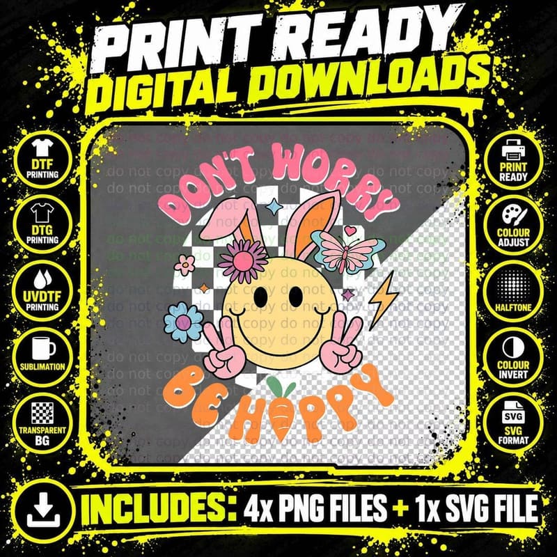 Happy Easter Groovy Happy Face Don't Worry Be Hoppy Png SVG Digital Bundle