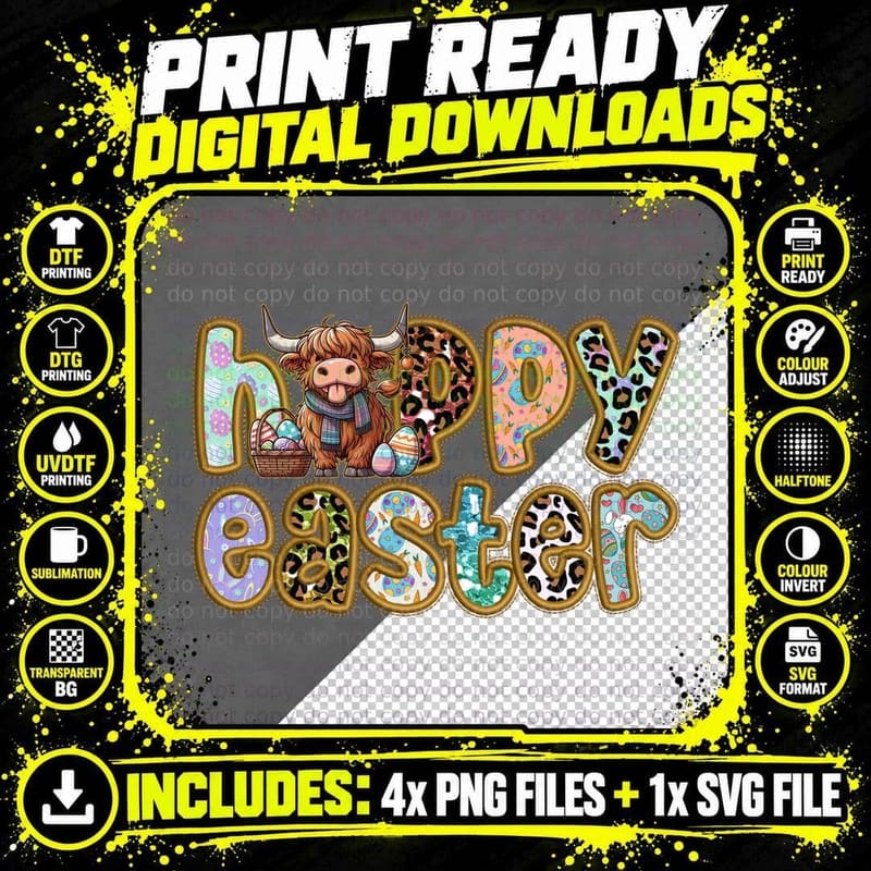 Happy Easter Highland Cow, Floral Leopard Egg Letters Png SVG Digital Bundle