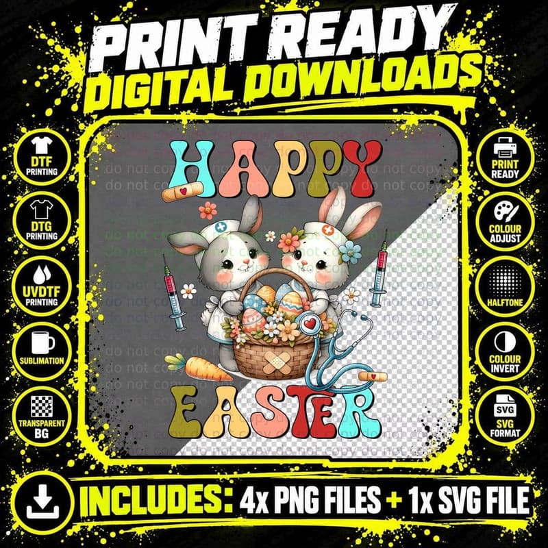 Happy Easter Nurse T-Shirt, Easter Bunnies with Eggs and Png SVG Digital Bundle