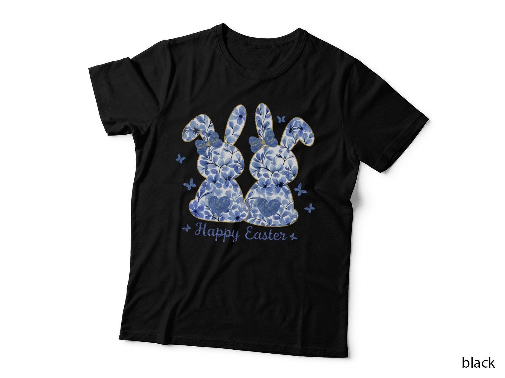 Happy Easter T-Shirt, Blue Floral Bunnies with Butterflies Graphic Tee