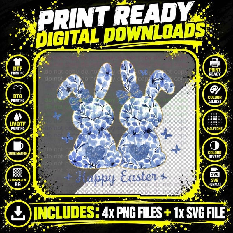 Happy Easter T-Shirt, Blue Floral Bunnies with Png SVG Digital Bundle