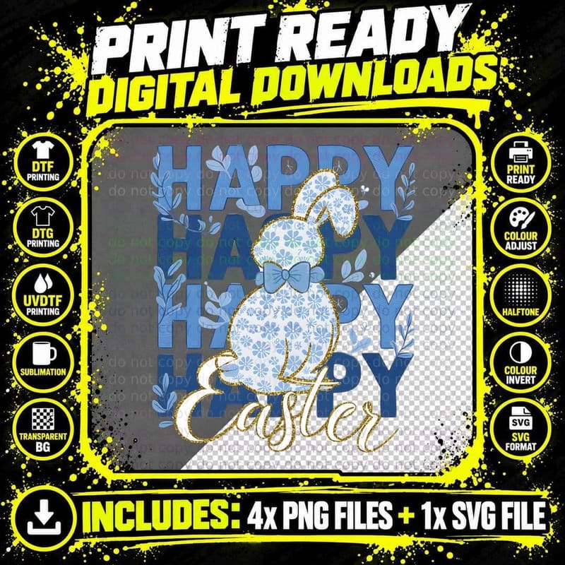 Happy Easter T-Shirt, Blue Floral Bunny with Happy Png SVG Digital Bundle