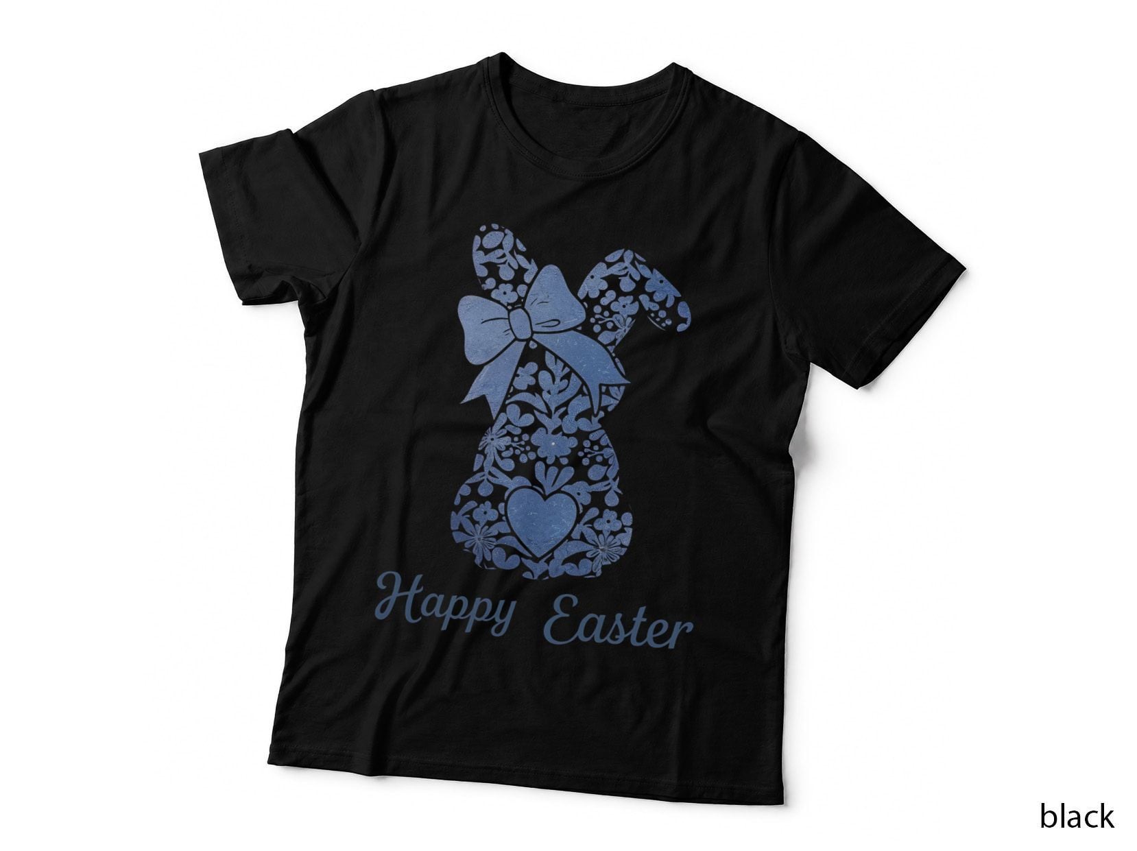Happy Easter T-Shirt, Blue Floral Easter Bunny Silhouette Graphic Tee
