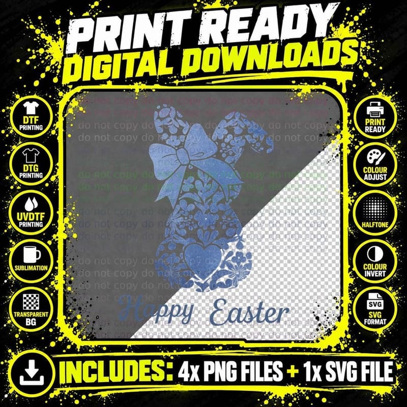 Happy Easter T-Shirt, Blue Floral Easter Bunny Png SVG Digital Bundle