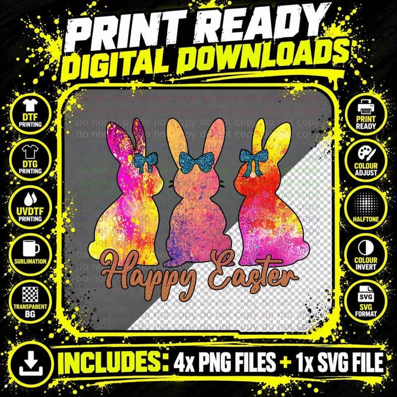Happy Easter T-Shirt, Colorful Easter Bunnies with Bows Png SVG Digital Bundle