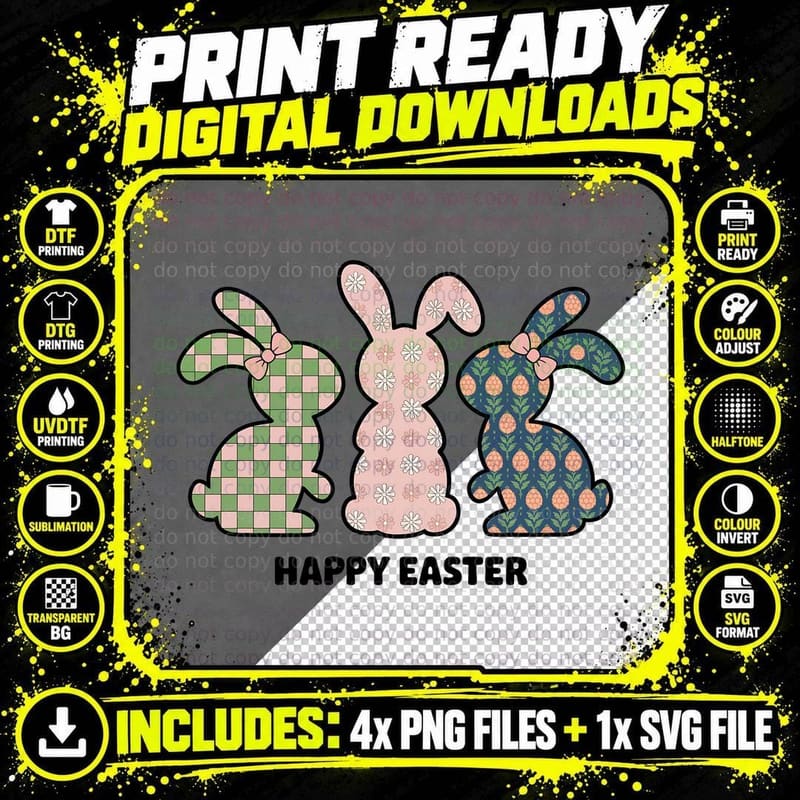 Happy Easter T-Shirt, Easter Bunnies in Pastel Patterns Png SVG Digital Bundle