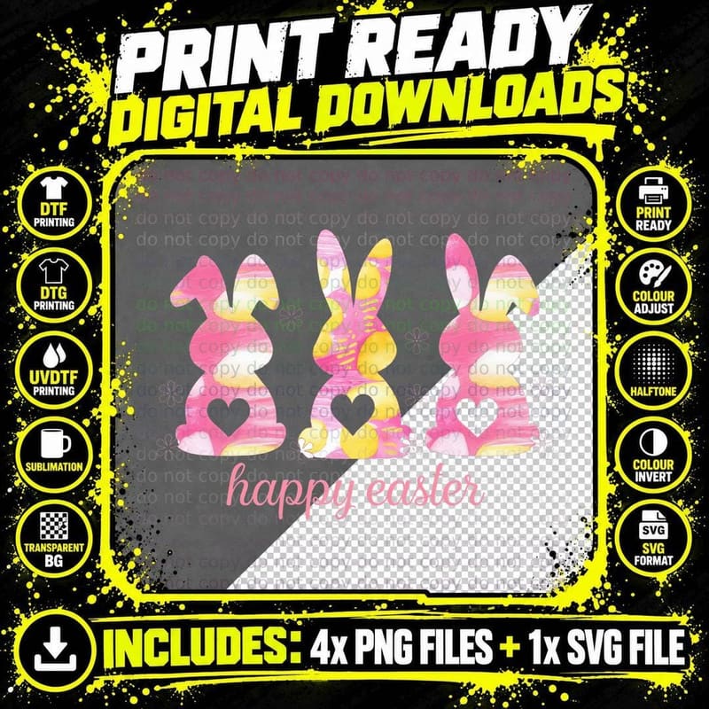 Happy Easter T-Shirt, Easter Bunnies in Pink and Yellow Png SVG Digital Bundle