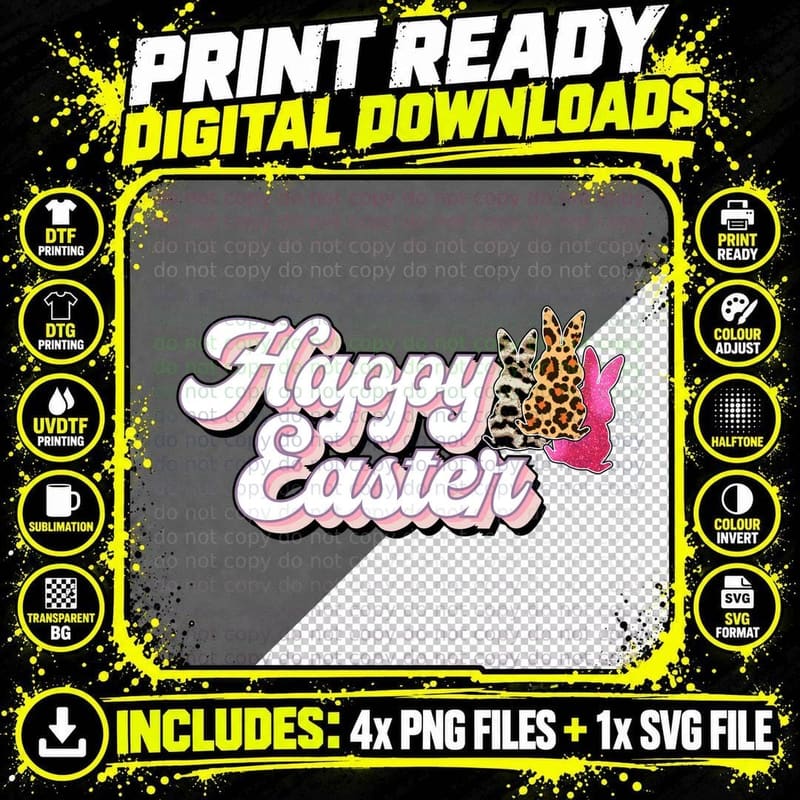 Happy Easter T-Shirt, Easter Bunnies on Gray Background Png SVG Digital Bundle
