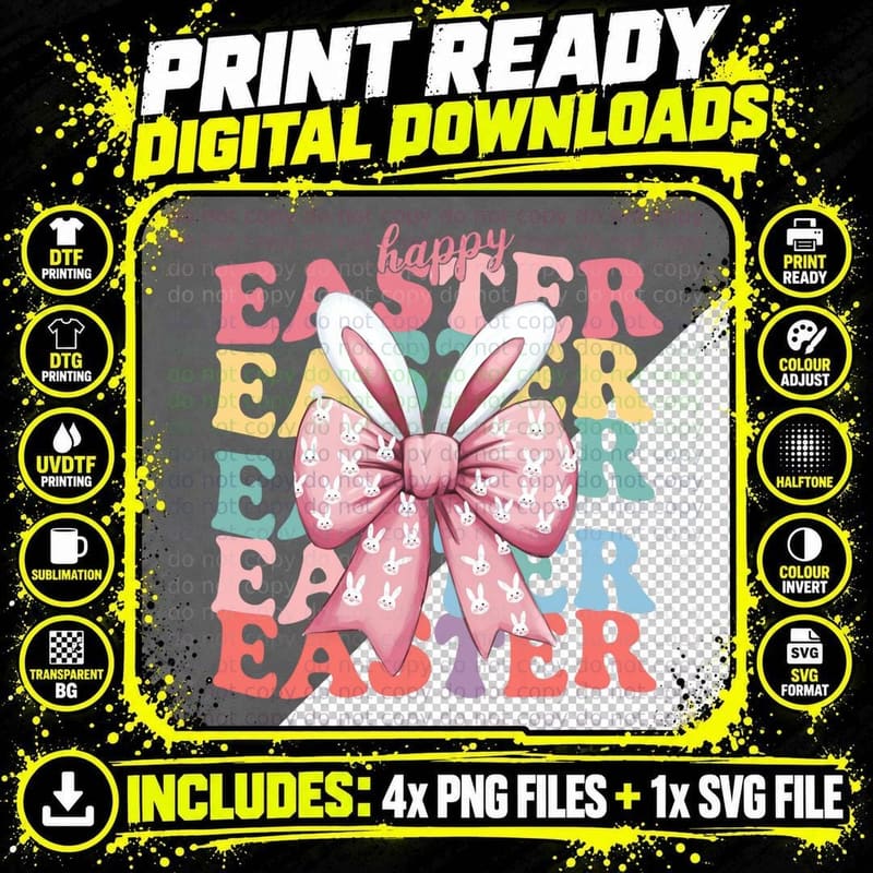 Happy Easter T-Shirt, Easter Bunny Bow Ribbon Graphic Tee Png SVG Digital Bundle