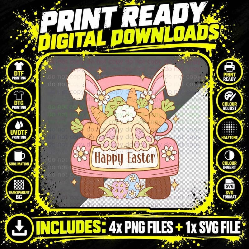 Happy Easter T-Shirt, Easter Bunny Car with Eggs and Png SVG Digital Bundle