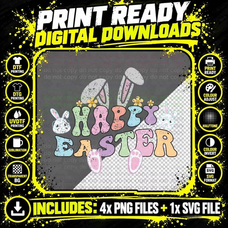 Happy Easter T-Shirt, Easter Bunny Feet Flowers Graphic Png SVG Digital Bundle