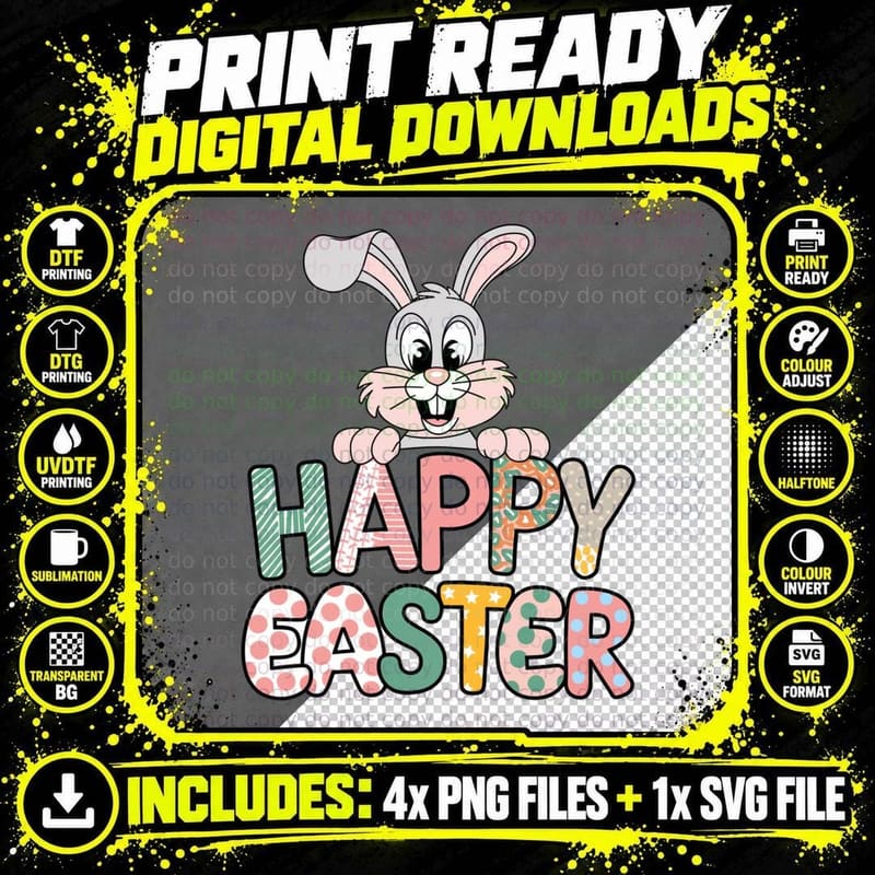 Happy Easter T-Shirt, Easter Bunny Holding Colorful Eggs Png SVG Digital Bundle