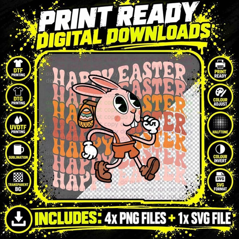Happy Easter T-Shirt, Easter Bunny Holding Egg Basket Png SVG Digital Bundle