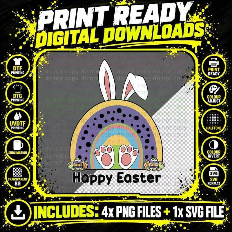 Happy Easter T-Shirt, Easter Bunny Rainbow Eggs Graphic Png SVG Digital Bundle