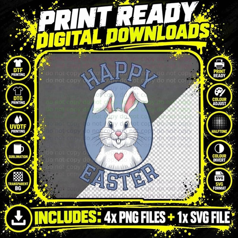 Happy Easter T-Shirt, Easter Bunny Smiling Heart Graphic Png SVG Digital Bundle