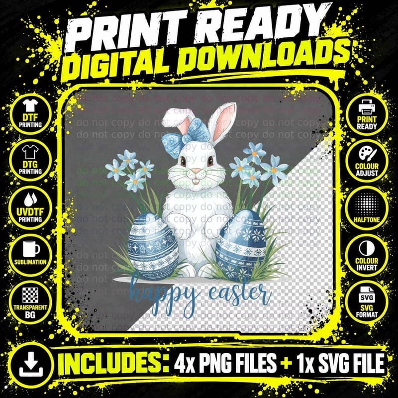 Happy Easter T-Shirt, Easter Bunny with Eggs in Grass Png SVG Digital Bundle