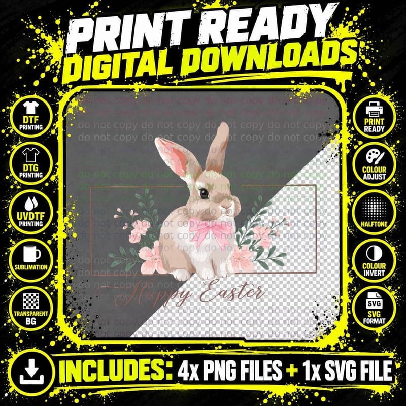 Happy Easter T-Shirt, Easter Bunny with Pink Bow and Png SVG Digital Bundle