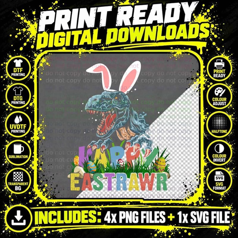 Happy Easter T-Shirt, Easter Dinosaur Design Png SVG Digital Bundle