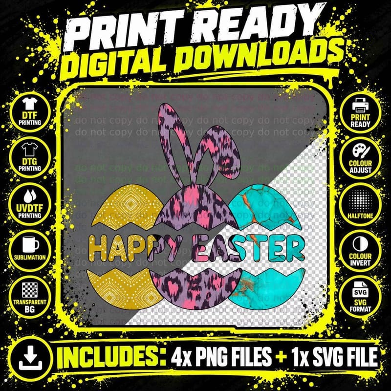 Happy Easter T-Shirt, Easter Eggs with Bunny Ears Png SVG Digital Bundle