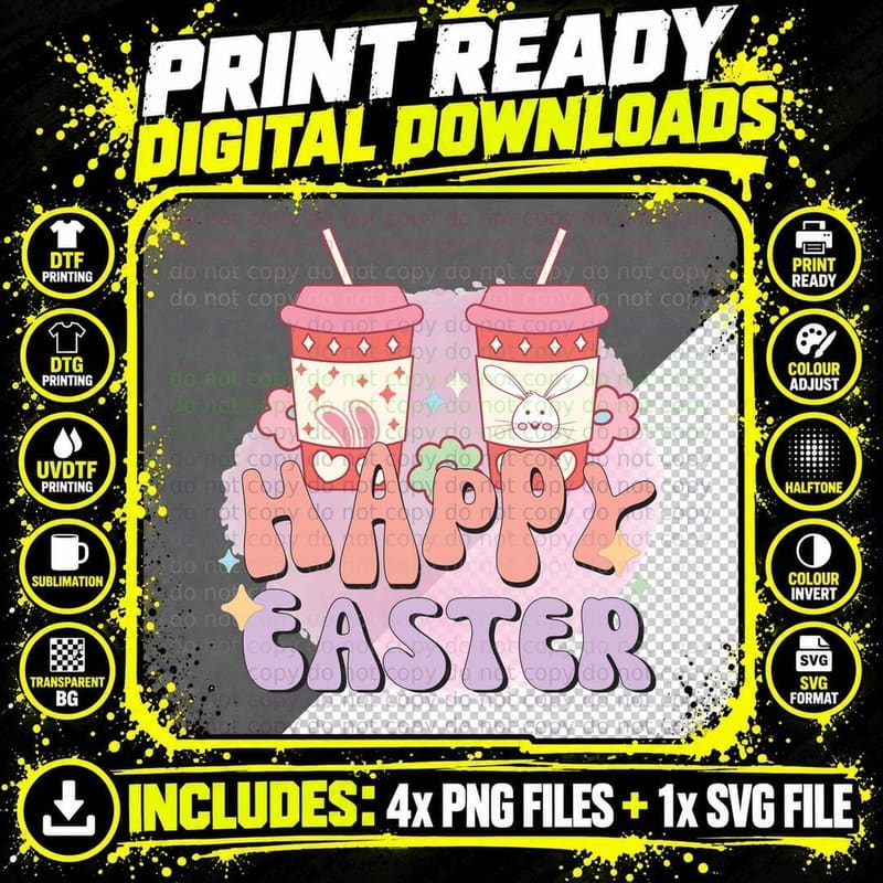Happy Easter T-Shirt, Easter-Themed Drinks with Bunnies Png SVG Digital Bundle