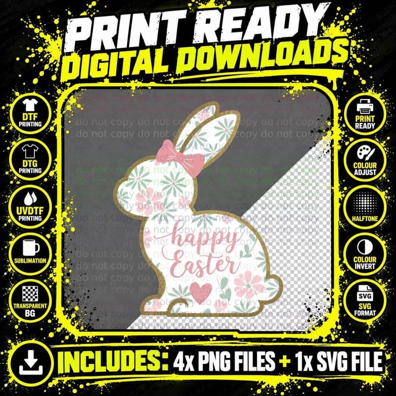 Happy Easter T-Shirt, Floral Bunny Silhouette Graphic Tee Png SVG Digital Bundle