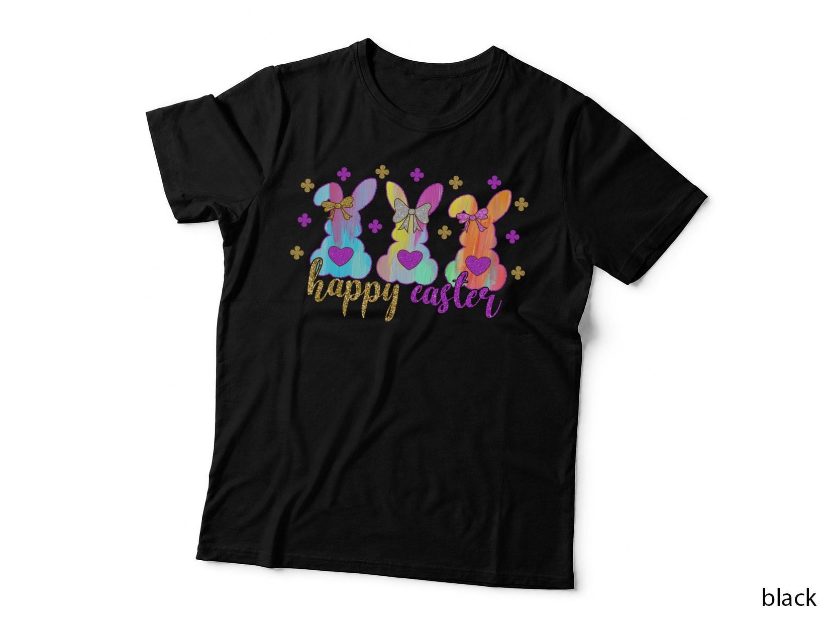 Happy Easter T-Shirt, Glittery Easter Bunnies with Hearts Graphic Tee