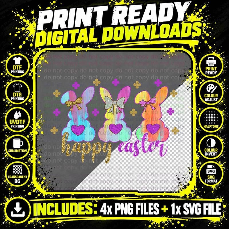 Happy Easter T-Shirt, Glittery Easter Bunnies with Png SVG Digital Bundle