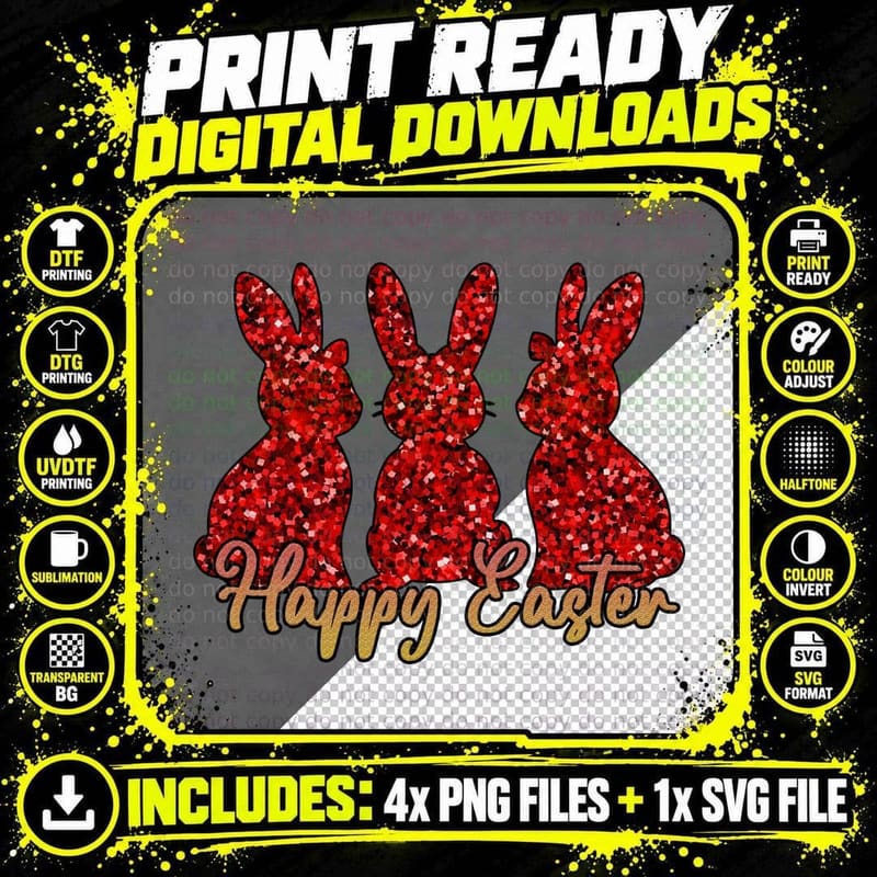 Happy Easter T-Shirt, Glittery Red Easter Bunnies Png SVG Digital Bundle