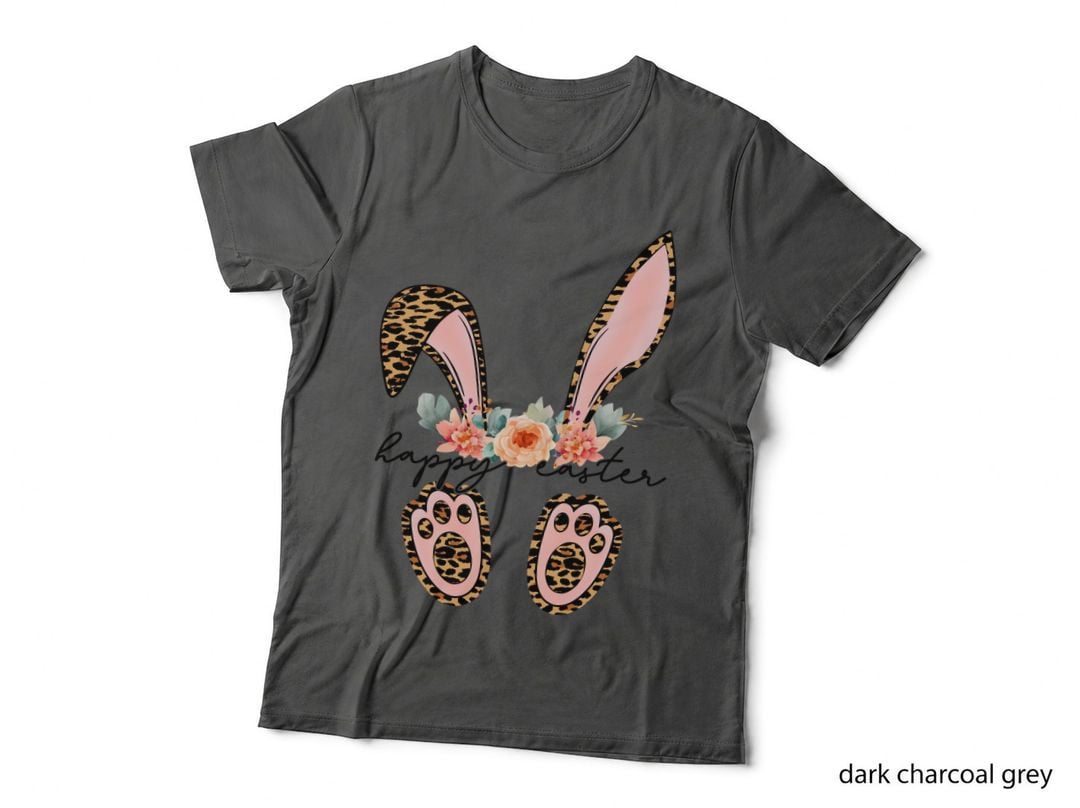 Happy Easter T-Shirt, Leopard Bunny Ears with Flowers Graphic Tee