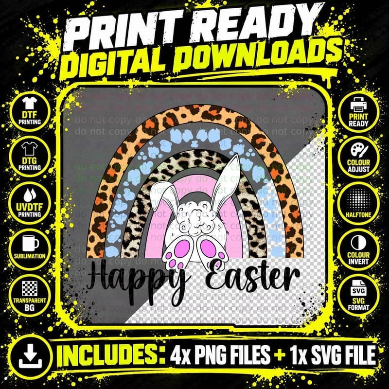 Happy Easter T-Shirt, Leopard Rainbow Bunny Ears Graphic Png SVG Digital Bundle