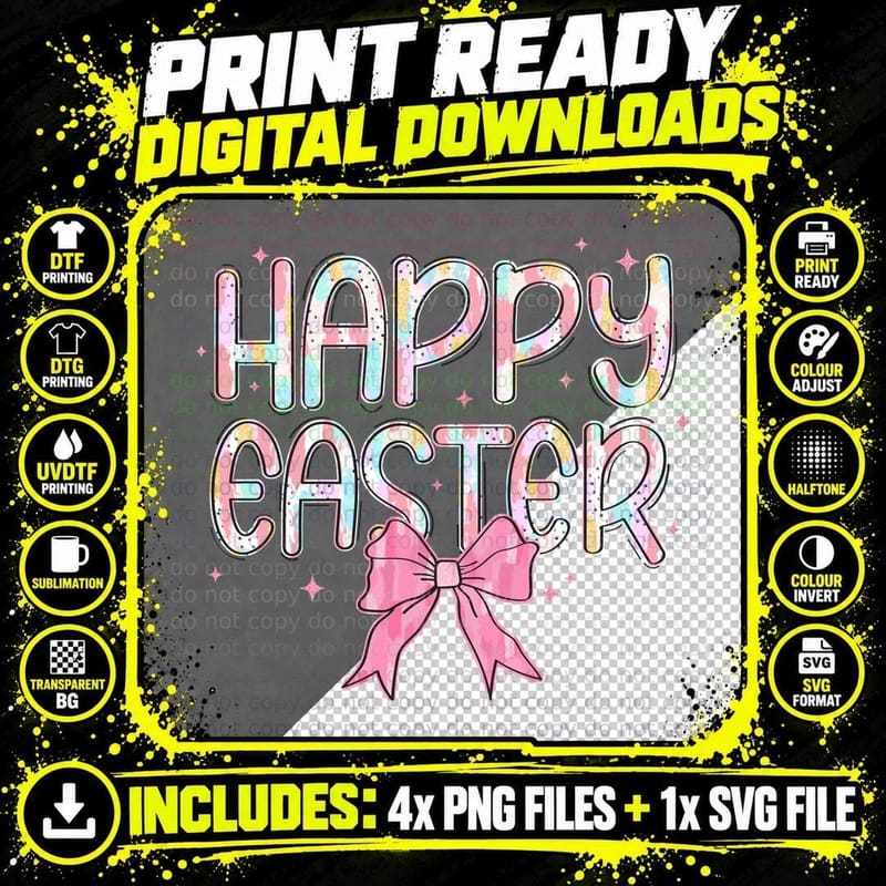 Happy Easter T-Shirt, Pastel Easter Bow Graphic Tee Png SVG Digital Bundle