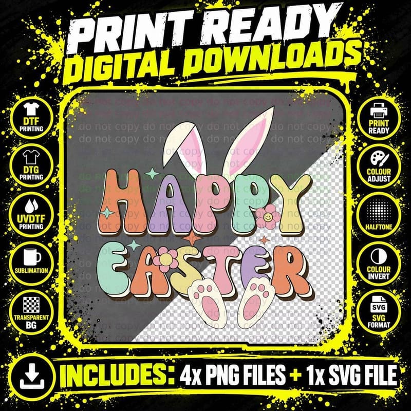 Happy Easter T-Shirt, Pastel Easter Bunny Ears Graphic Png SVG Digital Bundle