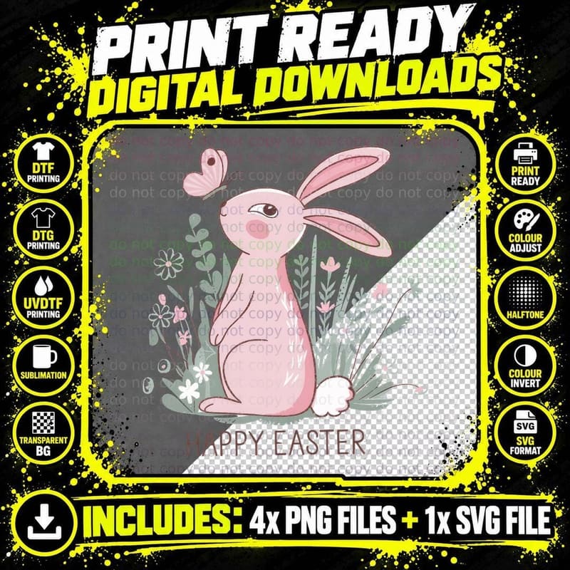 Happy Easter T-Shirt, Pink Bunny in Floral Garden Png SVG Digital Bundle