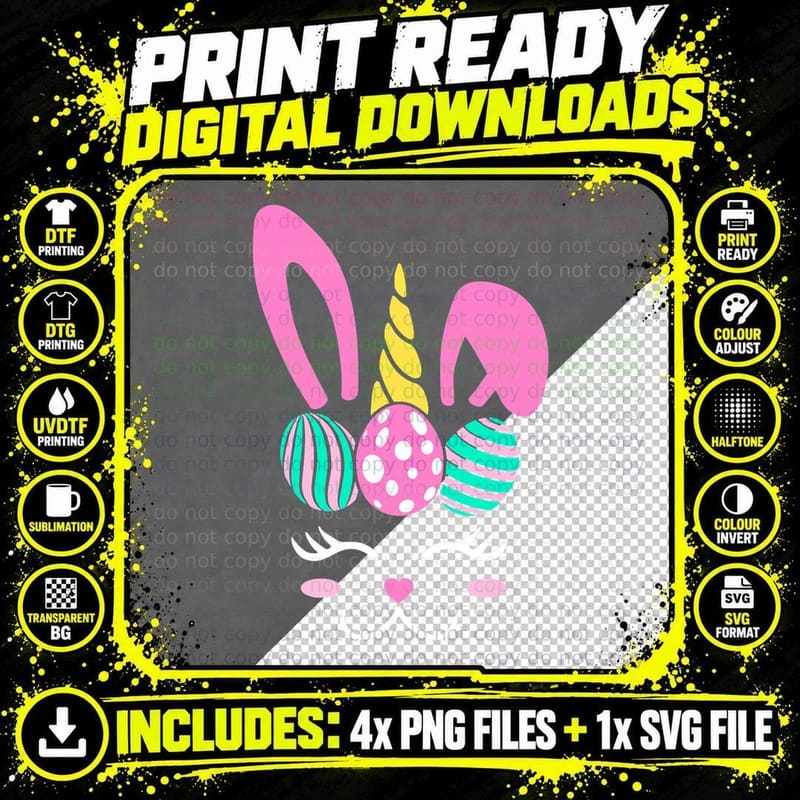 Happy Easter Unicorn Bunny Face Girls Kids Women Easter Png SVG Digital Bundle