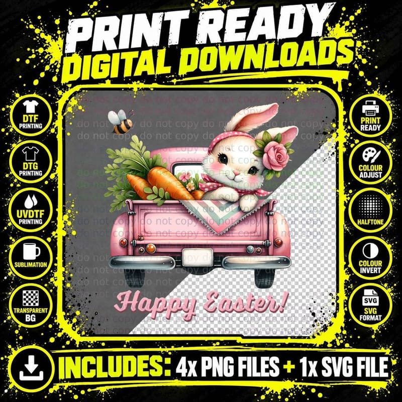 Happy Easter! Easter T-Shirt, Easter Bunny in Pink Truck Png SVG Digital Bundle
