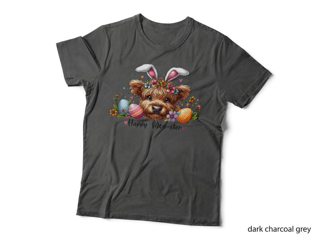 Happy Moo-Ster Highland Cow T-Shirt, Easter Dog Wearing Bunny Ears with Graphic