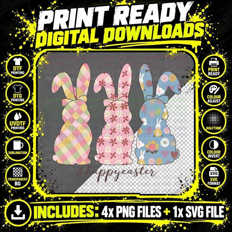 Happyeaster Easter T-Shirt, Easter Bunnies in Pastel Png SVG Digital Bundle