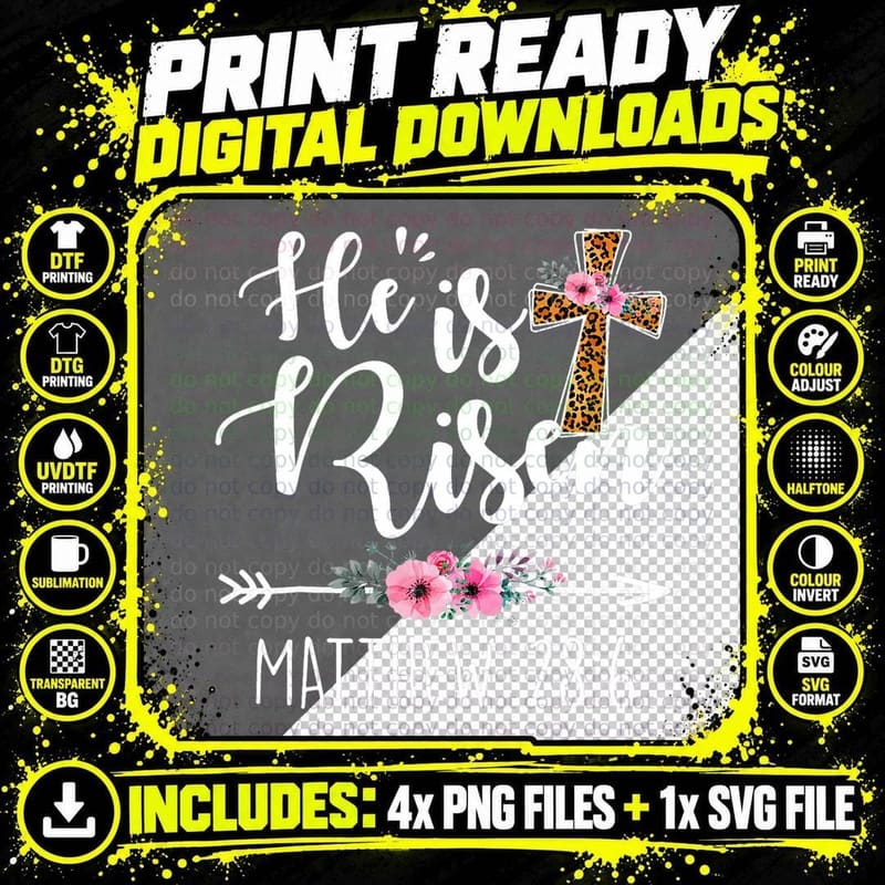 He Has Risen Easter Day Jesus Floral Cross Leopard Png SVG Digital Bundle