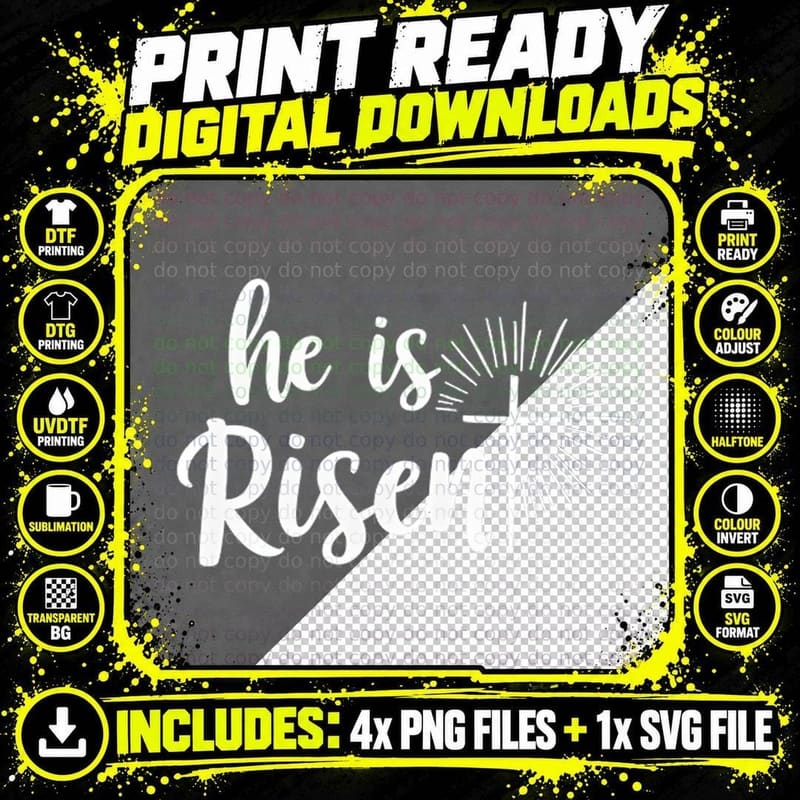 He Is Risen Biblical Cross Radiating Lines Christian Png SVG Digital Bundle