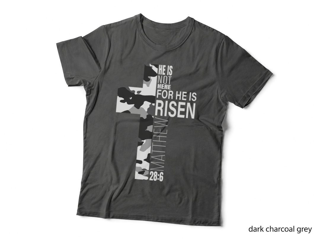 He Is Risen Christian Easter Bible Verse Camo Cross Graphic T-Shirt