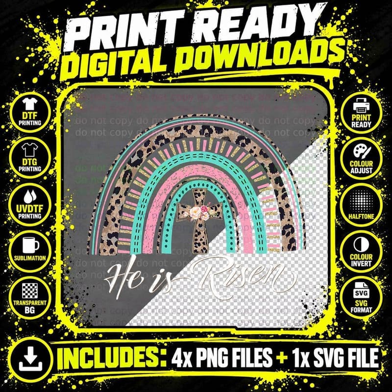 He Is Risen Christian Easter Rainbow Leopard Women Mom Png SVG Digital Bundle
