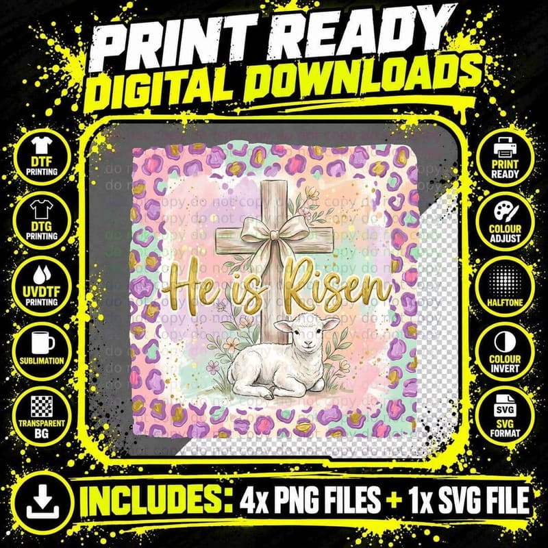 He Is Risen Christian T-Shirt, Easter Lamb and Cross Png SVG Digital Bundle