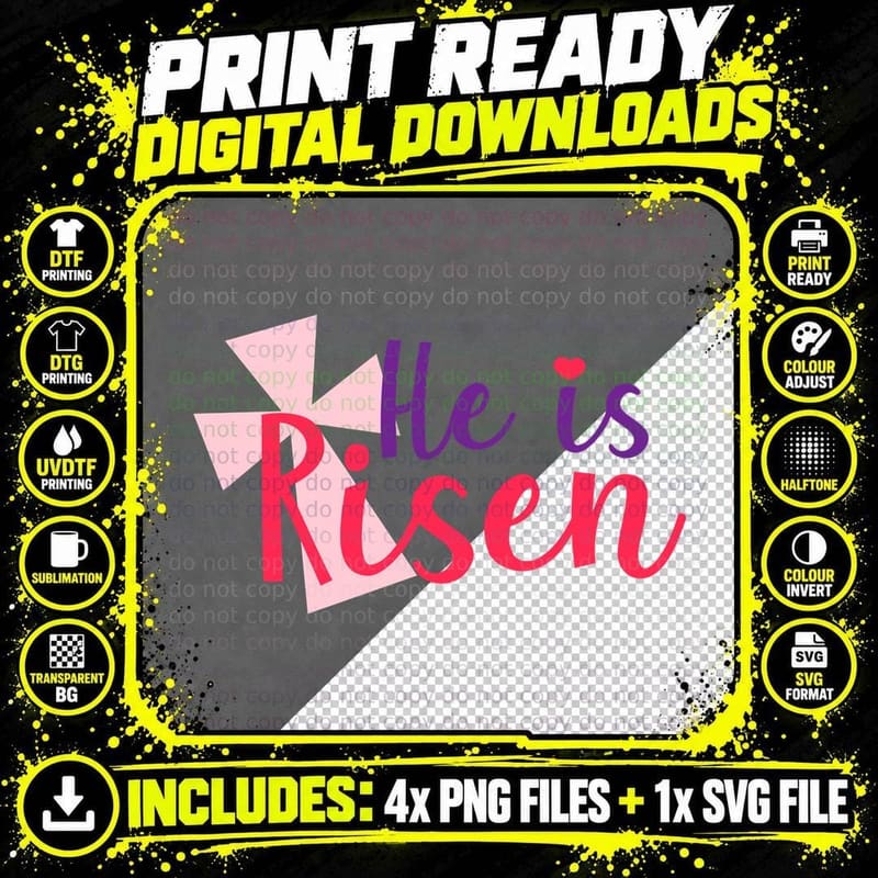 He Is Risen Easter Religious Red Pink Purple Cross Png SVG Digital Bundle