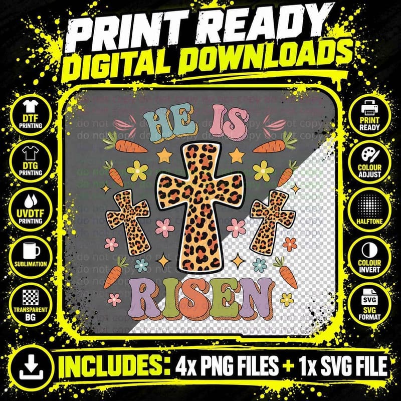 He Is Risen Easter T-Shirt, Easter Cross Pattern with Png SVG Digital Bundle