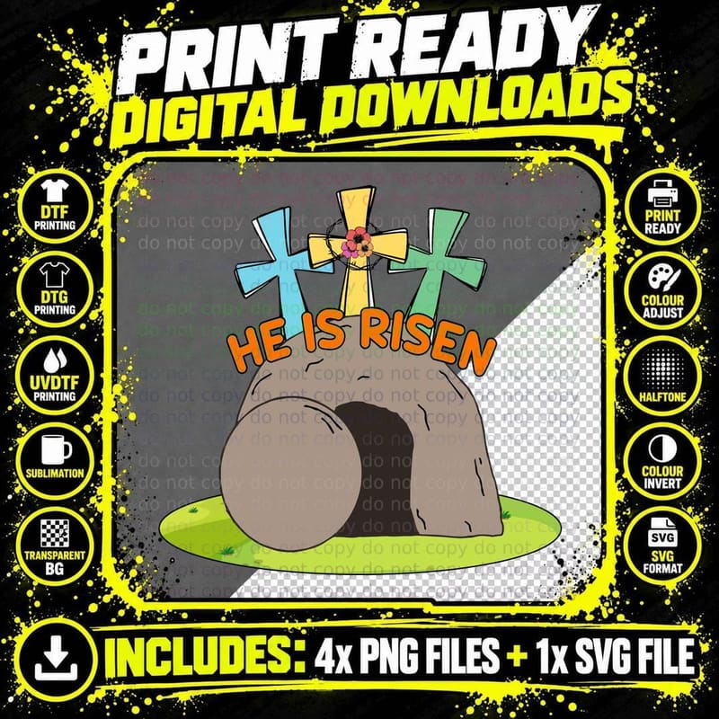He Is Risen Easter T-Shirt, Easter Tomb with Crosses Png SVG Digital Bundle