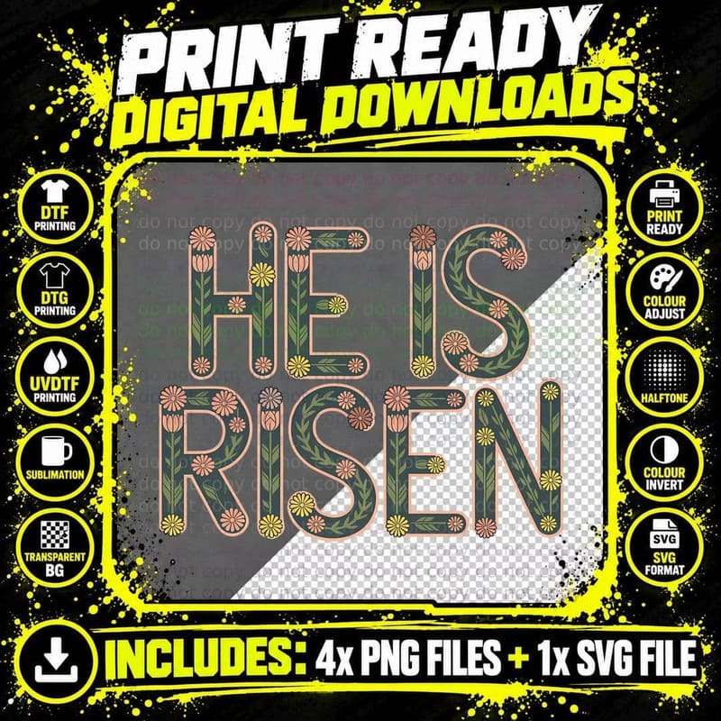He Is Risen Easter T-Shirt, Floral Lettering on T-Shirt Png SVG Digital Bundle