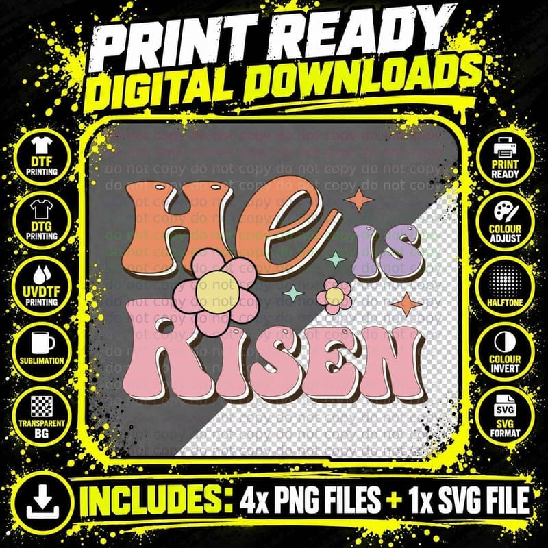 He Is Risen Easter T-Shirt, Pastel Flowers on Dark Png SVG Digital Bundle